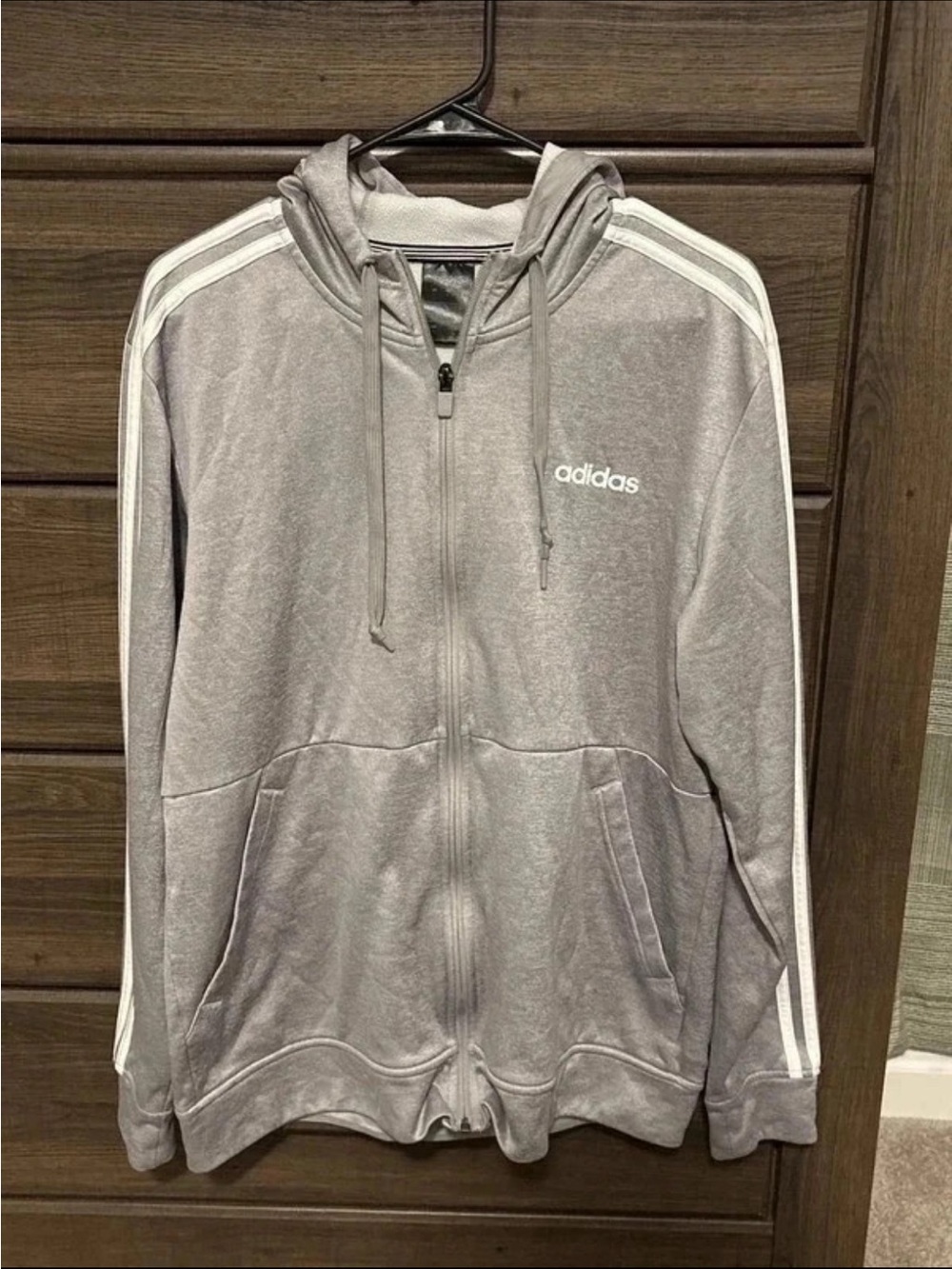 adidas Men's Light Gray Full-Zip Hoodie with White Stripes